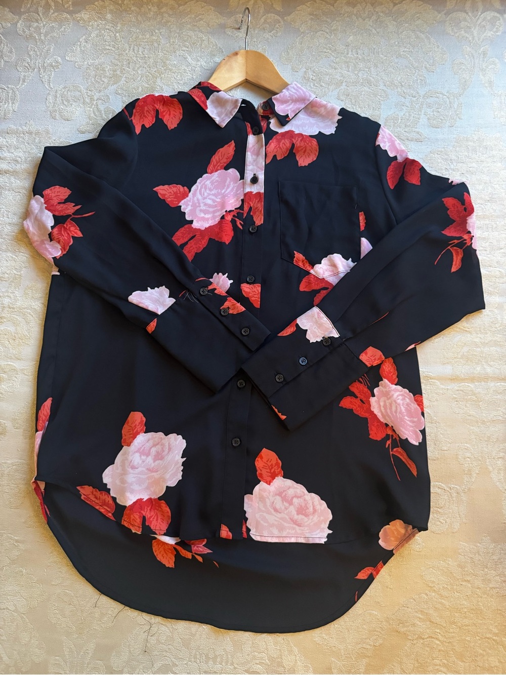 Who What Wear Black Button-Down Shirt with Pink and Red Floral Print